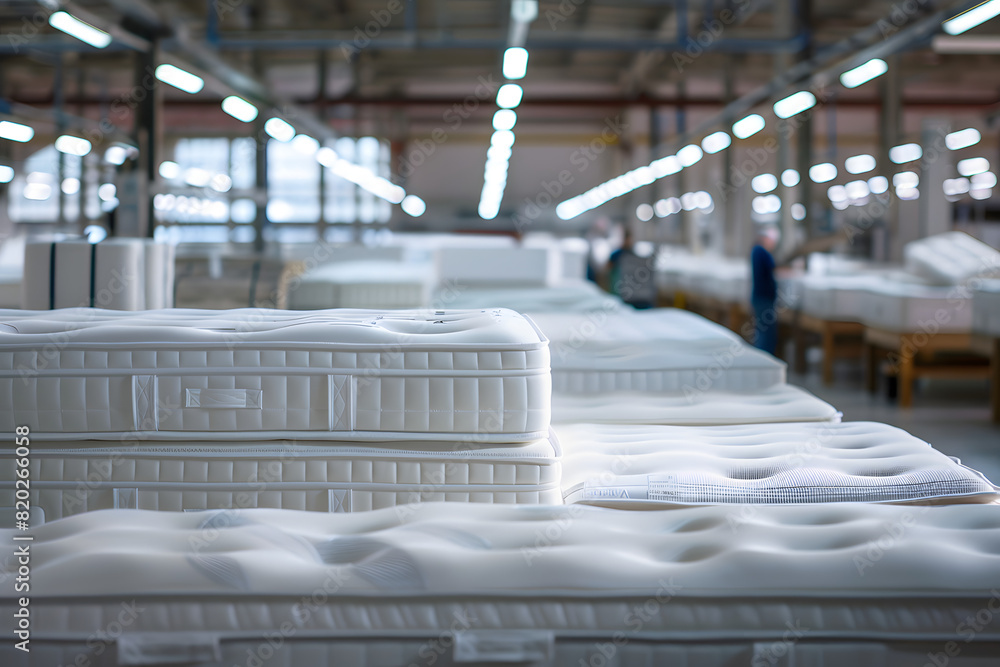 Aufkleber close-up of white mattresses arranged in a large industrial factory setting with workers in the back