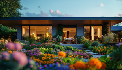 A contemporary suburban house with a flat roof, large windows, and a vibrant garden filled