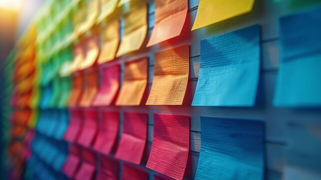 vibrantly colored sticky notes on whiteboard, create concept background for brainstorming session with space for text