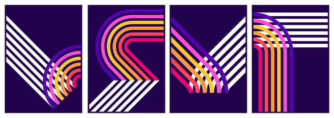 retrofuturism poster design in trend retro line style and neon colors on black dark background. modern art wall poster retro vintage 70s style stripes background template lines shapes vector design © Art Kovalenco