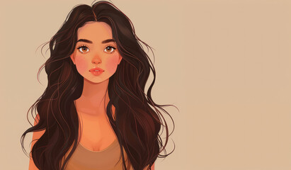 Naklejka premium cartoon girl with long dark hair and freckled face with free space for text
