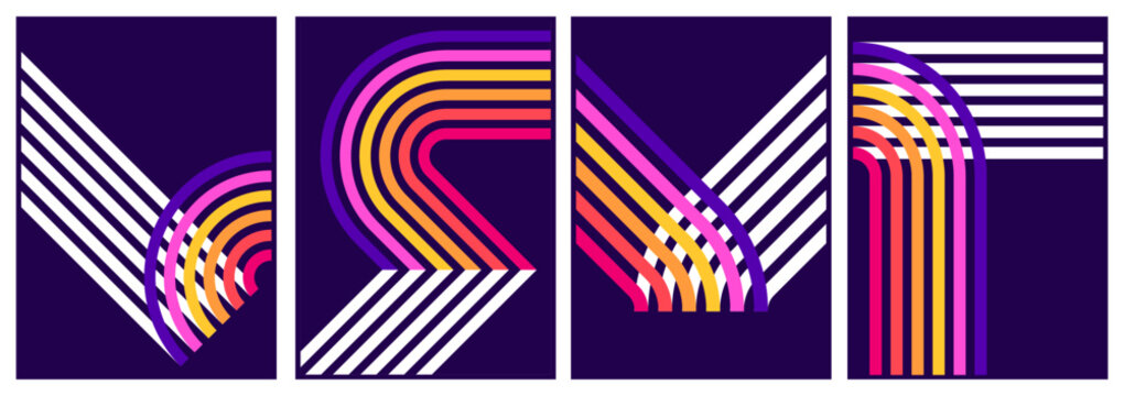 recommend clip art: retrofuturism poster design in trend retro line style and neon colors on black dark background. modern art wall poster retro vintage 70s style stripes background template lines shapes vector design