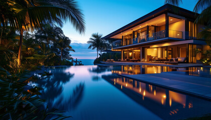 A luxurious modern villa with an infinity pool, surrounded by tropical landscaping and illuminated