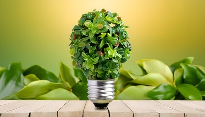 Light bulb with plants on green background, saving energy and environmental friendly concept, generative AI