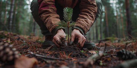 Celebrating Earth Day by Planting a Pine Tree Seedling in the Forest