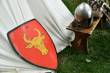 medieval knight helmet and shield