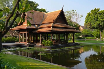 Fototapeta premium A small pavilion sits on the edge of a pond.