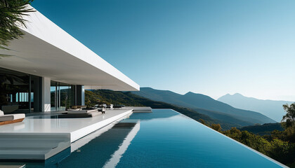 Fototapeta premium An ultra-modern villa with a minimalist white exterior, infinity pool, and dramatic mountain