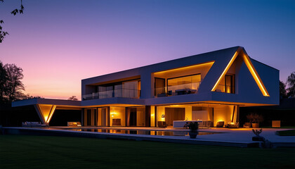 Obraz premium An ultra-modern mansion with sharp geometric lines, illuminated by strategically placed exterior