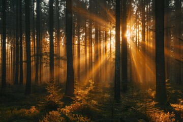 Fototapeta premium Calming Rhythms: Serene Image of Light Beams Filtering Through a Forest at Sunrise