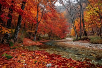 A picturesque autumn forest with trees ablaze in shades of red, orange, and yellow, a carpet of fallen leaves on the ground, and a crystal-clear stream meandering through.