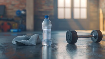 A bottle of water and a dumbbell on the floor.