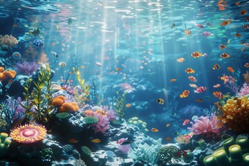 Naklejka premium A vibrant coral reef teeming with colorful fish, anemones, and sea plants, illuminated by sunlight streaming through the clear blue water, creating a mesmerizing underwater scene.