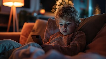 Fototapeta premium A boy on a couch looking at phone, with tableware and toys around