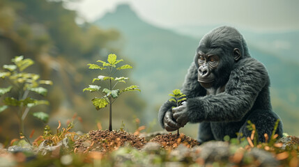 Obraz premium Award Winning national geographic Minimal style, 3D Mountain Gorillas in community reforestation roles, planting trees in deforested areas, one gorilla tenderly placing a sapling i