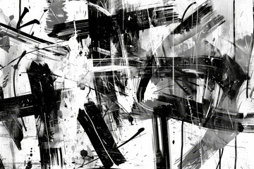 A black and white painting with splatters of paint and brush strokes