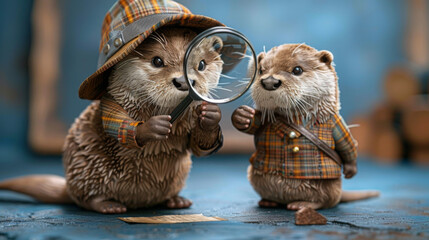 Award Winning National Geographic Minimal style, 3D otters in detective gear, one inspecting a clue with a magnifying glass, plain mystery blue background, right in frame These sle
