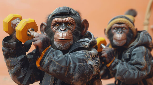 Award Winning National Geographic Minimal style, 3D monkeys in workout gear, one trying to lift a banana weight, plain energetic peach background, left in frame These fitness monke