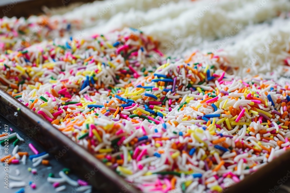 Poster dessert decoration, bright sprinkles and shredded coconut on a tray offer a colorful and enjoyable treat of coconut sweets for a delightful experience