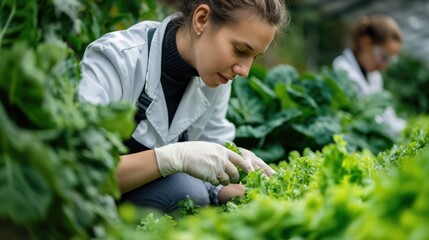 Female scientist examining plants in greenhouse farm
