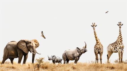 Common Safari Animals gathered together on a white background