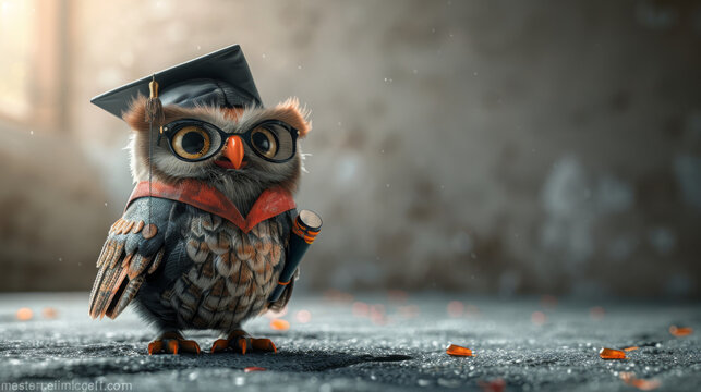 Award Winning National Geographic Minimal style, 3D owl in graduation cap and glasses, holding a diploma, standing with wisdom, plain soft grey background, left in frame This schol