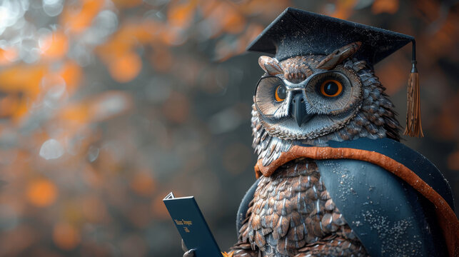 Award Winning National Geographic Minimal style, 3D owl in graduation cap and glasses, holding a diploma, standing with wisdom, plain soft grey background, left in frame This schol