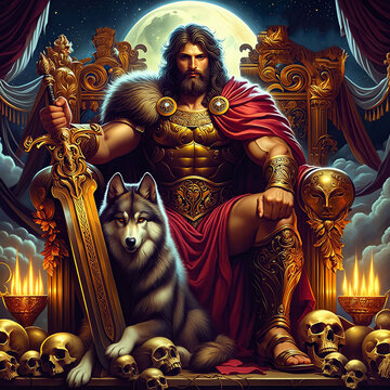 Ares Greek god of war and courage on his throne. Son of Zeus and Hera. God of Olympus. Ancient Greek mythology. He embodies physical valor but also brutality and bloodlust. Generative AI.