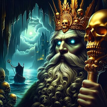 Hades Greek god of the underworld. Ruler over death and the dead. Brother of Zeus and Poseidon. God of Olympus. Ancient Greek mythology. Charon the ferryman. Generative AI