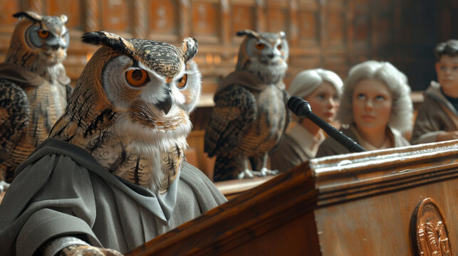 Award Winning National Geographic Minimal style, 3D owls in academic robes, lecturing at a podium, one owl engaging with curious students, plain university lecture hall background,