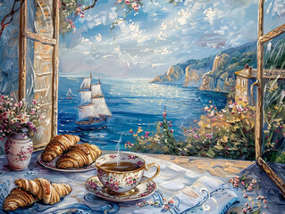 A table set with tea and croissants