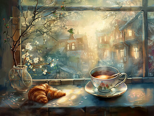 A painting of a cup of tea and a croissant