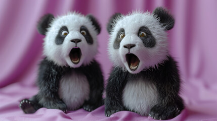 Fototapeta premium Award Winning National Geographic Minimal style, 3D pandas in pajamas having a slumber party, one yawning adorably, plain dreamy lavender background, right in frame These cozy pand