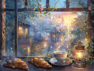 tea cup and croissants on window sill