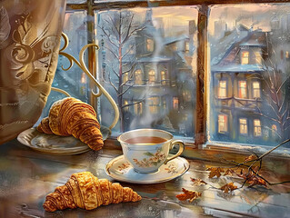tea cup and croissants on window sill