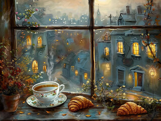A painting of a cup of tea and croissants on a window sill