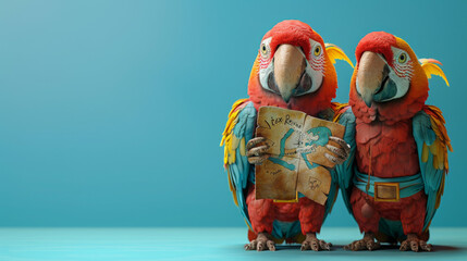 Award Winning National Geographic Minimal style, 3D parrots in miniature pirate outfits, one trying...