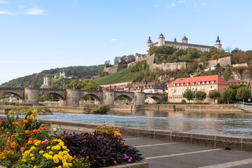 Main river with a view of the medieval bridge, Alte mainbrücke and fortress Marienberg in the...