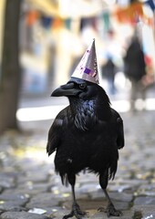 Hyper realistic photo of Crow wearing a party hat walking funny