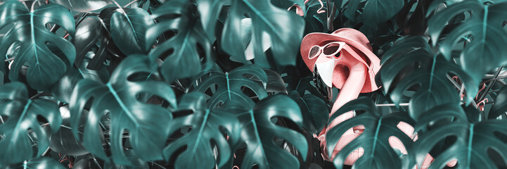 Pink flamingo wearing hat and sunglasses hidden in Monstera leaves. Summer tropical concept background. 3D Rendering, 3D Illustration