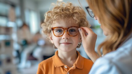 Cute little boy picking up glasses in ophthalmologist's office