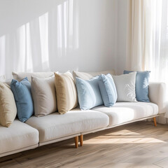 Living room with blue and beige sofa cushions lying on white sofa.