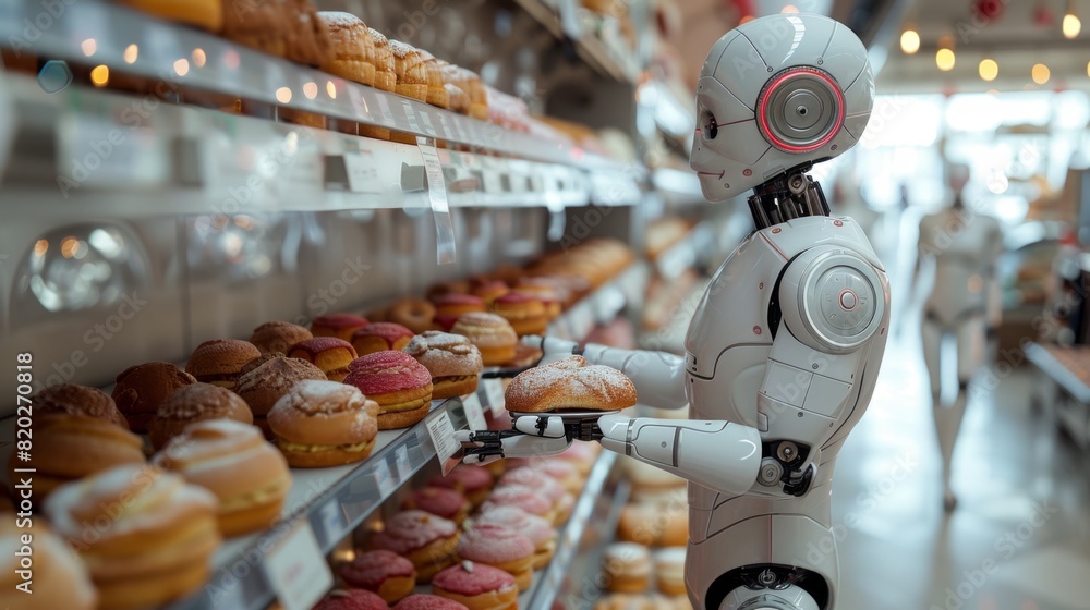 Poster automated bakery design, modern bakery design featuring robots intricately creating and embellishing baked goods, showcasing the fusion of automation and baking