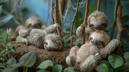 Obraz premium Award Winning national geographic Minimal style, the rule of thirds On the right third of the frame, 3D chubby baby sloths hanging upside down from miniature branches, one baby slo
