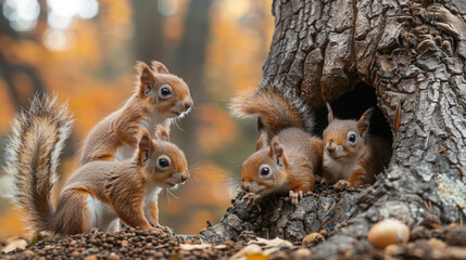 Award Winning national geographic Minimal style, the rule of thirds On the right third of the frame, 3D chubby baby squirrels playfully chasing each other up a miniature oak tree, © In-Trend Image