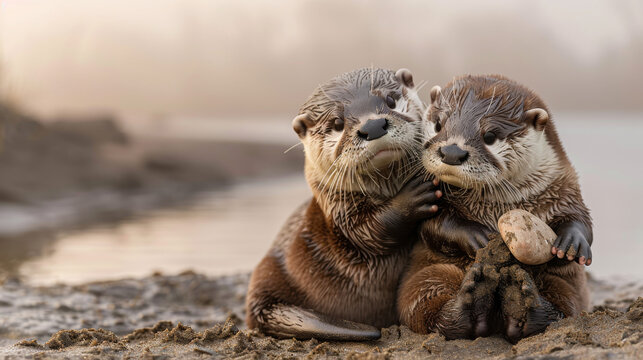 Award Winning national geographic Minimal style, applying the rule of thirds On the right third of the frame, 3D playful baby otters cuddling together in a cozy pile, one baby otte