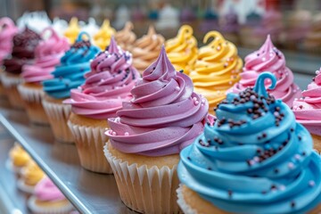 modern bakery display, vibrant cupcakes neatly presented at an automated bakery, enticing customers with their colorful display