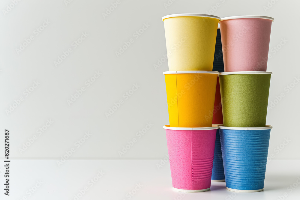 Poster a stack of colorful paper cups isolated on a white backdrop, extracted from the background, with no 