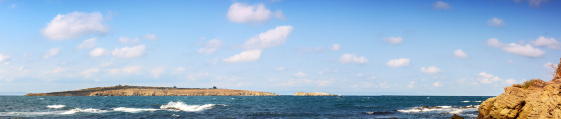 panorama of the black sea with st.ivan and st. peter islands. sunny afternoon weather in summer. sozopol, bulgaria, europe. leisure background