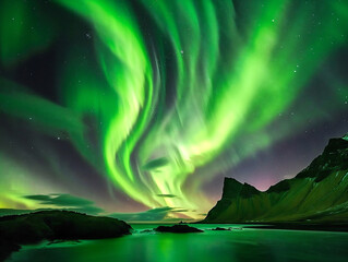 Vibrant streaks of green, blue, and purple illuminate the night sky in a mesmerizing dance.